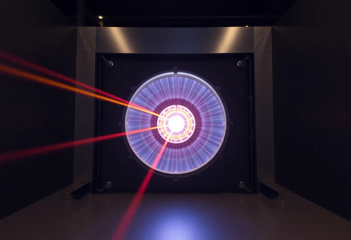 Laser beams converging on a fusion fuel target inside an inertial confinement chamber