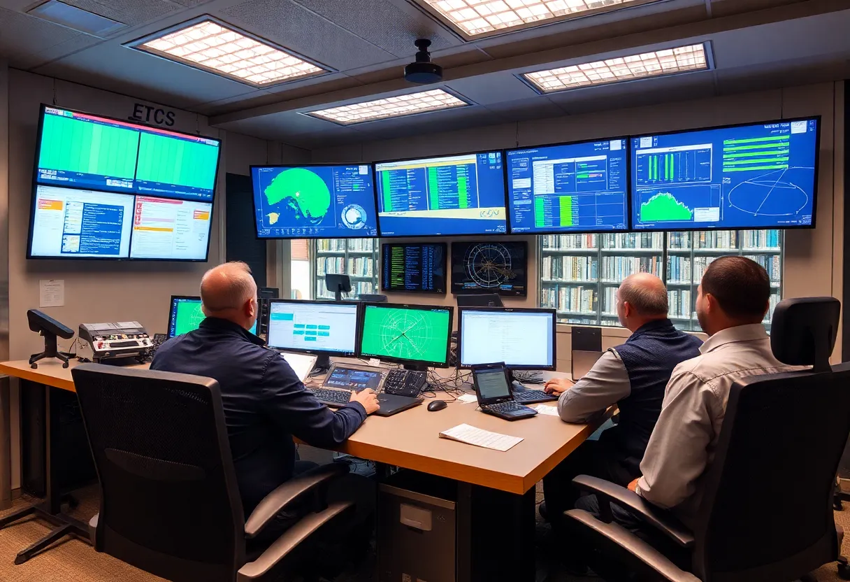 Railway signal control room with operators monitoring train movements on display screens
