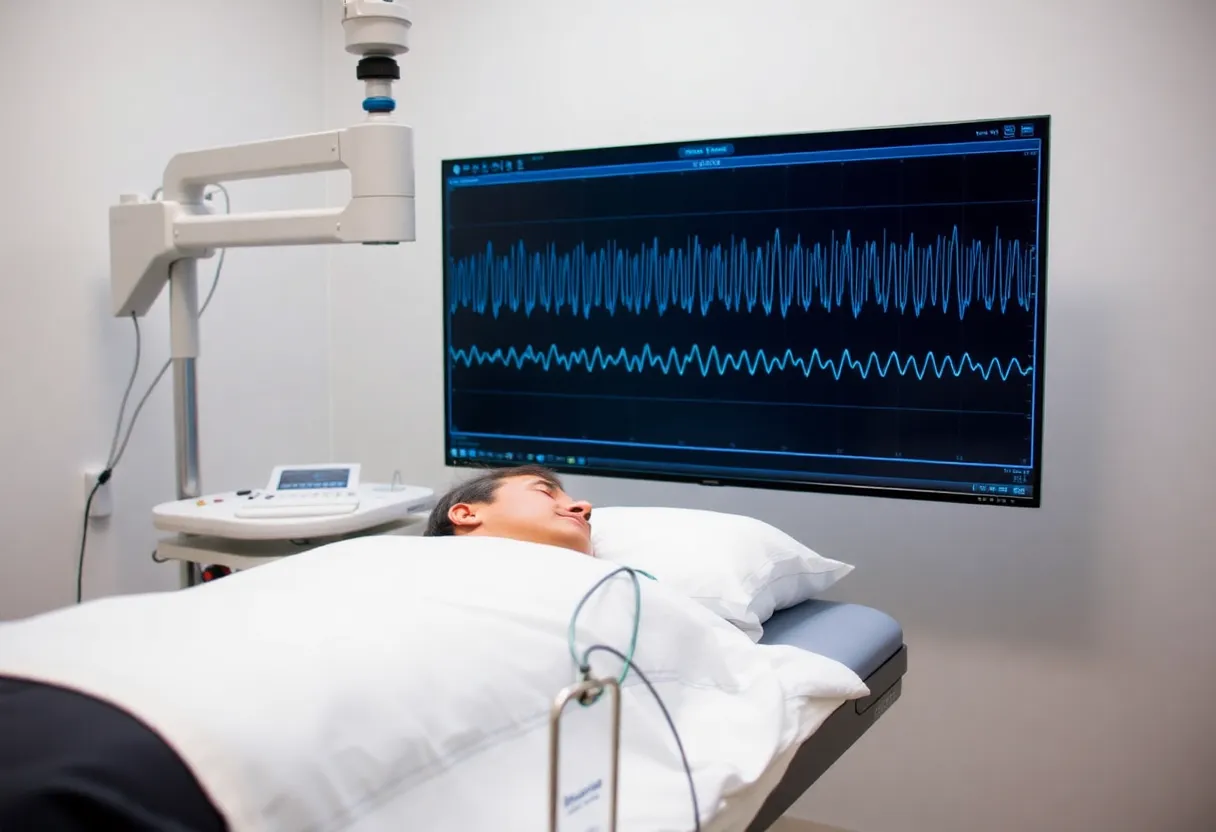 Sleep study polysomnography lab with EEG electrodes measuring brain wave activity
