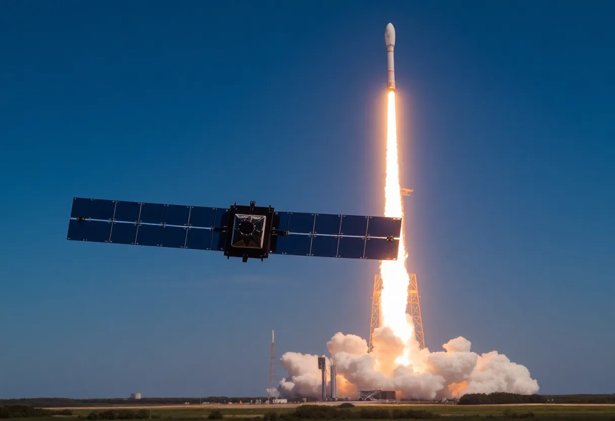 Rocket launch deploying batch of satellites into low Earth orbit for broadband network