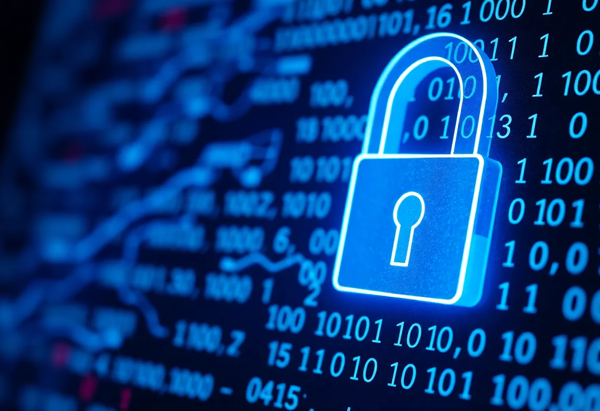 Close-up of a padlock icon overlaid on flowing binary code and mathematical equations, representing the computational overhead inside encrypted operations