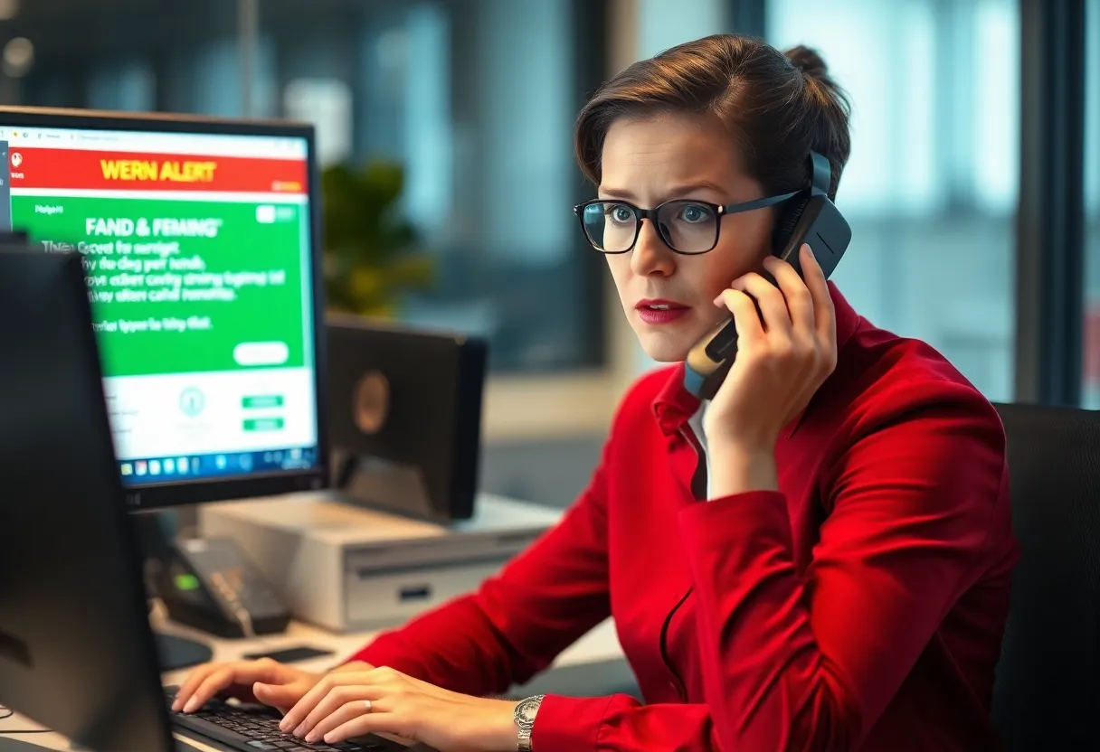 A bank call center employee looking concerned while reviewing a fraud alert on dual monitors during a phone call