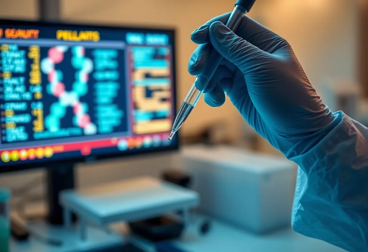 A scientist's gloved hands using a pipette in a genetics laboratory, with DNA sequence data displayed on a monitor
