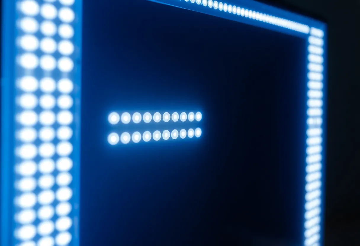 Close-up macro view of a mini-LED backlight panel showing an array of individually dimmable LED zones behind a diffuser layer