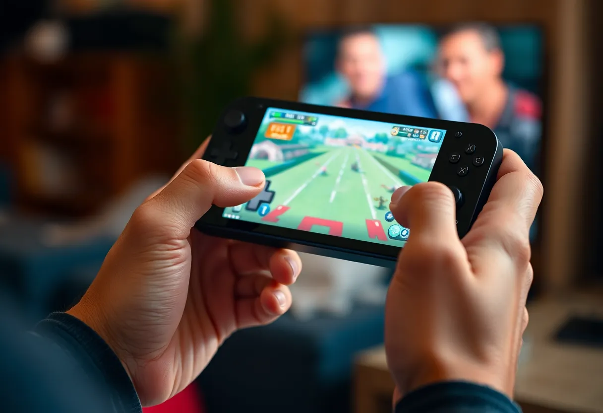 Close-up of hands holding a handheld gaming PC while playing a game, showing the thumbsticks and control layout