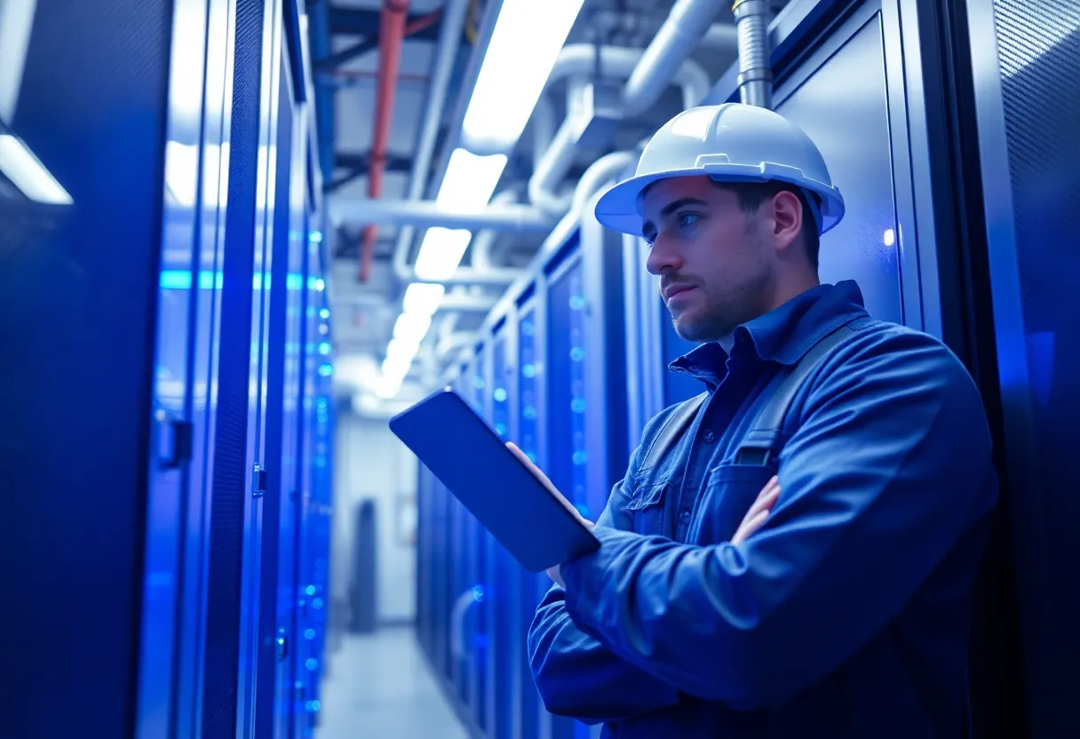 An engineer inspecting industrial water cooling pipes inside a data center facility