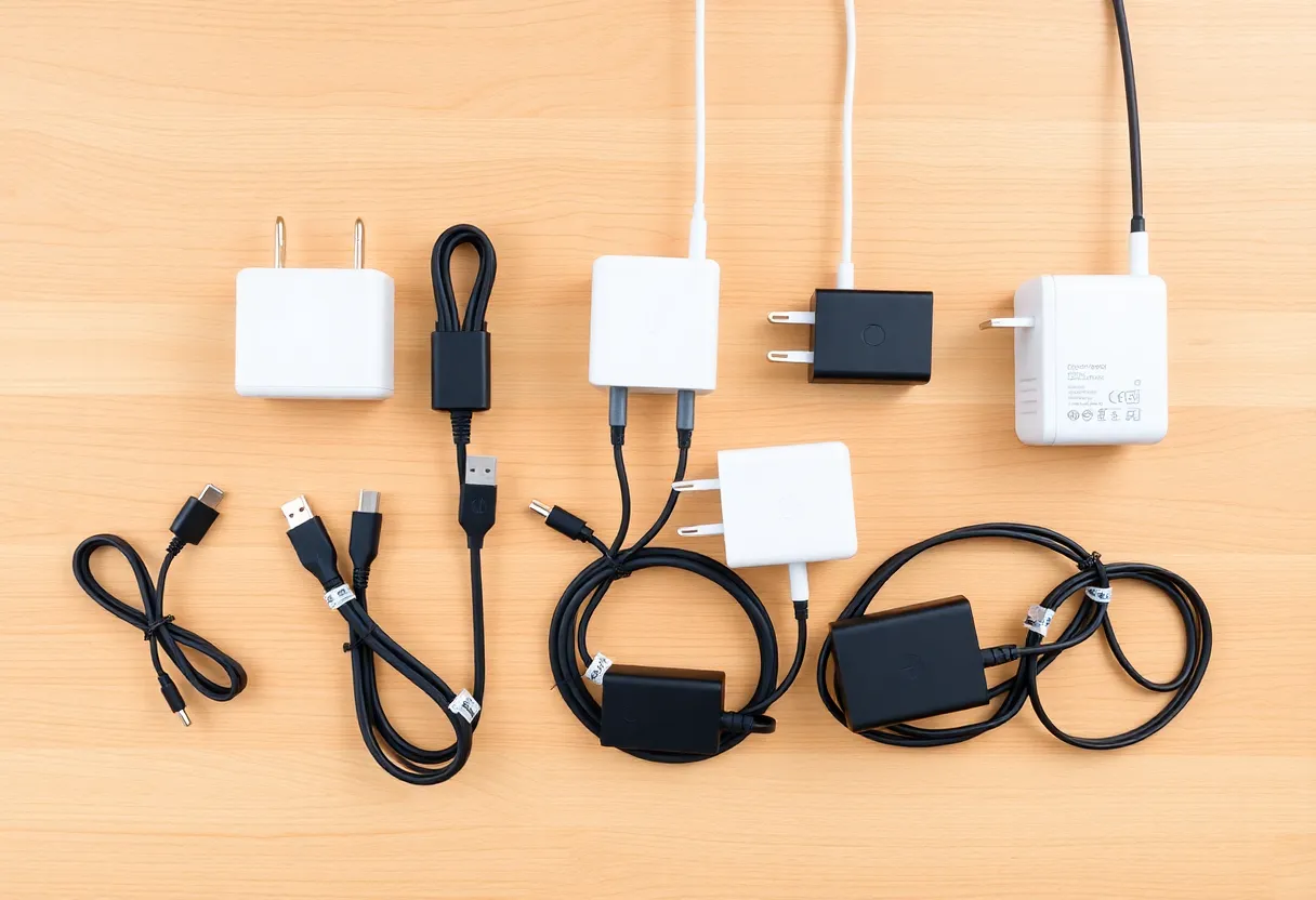 Flat lay of several USB-C cables and power adapters of different wattages on a desk