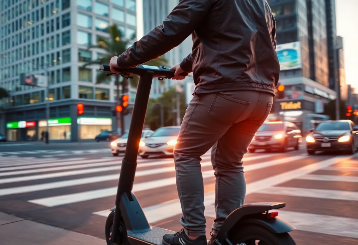 A person riding an electric scooter through a busy city intersection at dusk, illustrating the everyday risk exposure behind micro-mobility insurance claims
