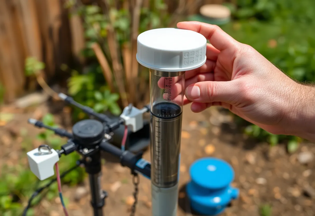 Person cleaning debris from a home weather station's rain gauge and sensor array
