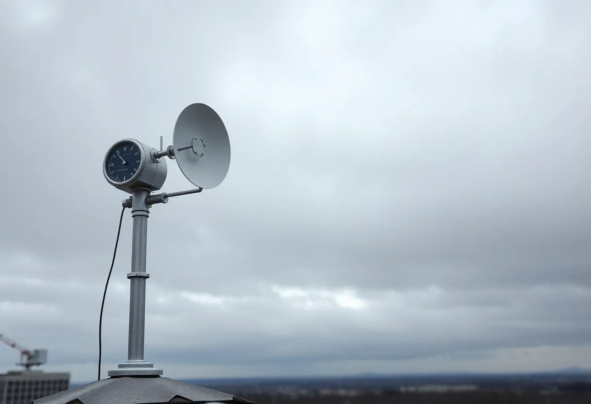 A home weather station mounted on a rooftop mast under an overcast sky