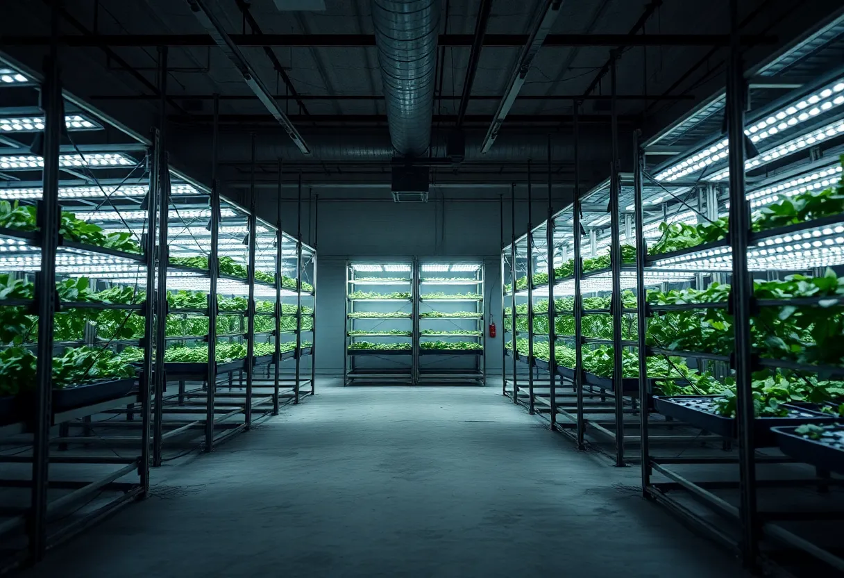 An empty, shut-down vertical farming facility with dark grow racks and dim lighting
