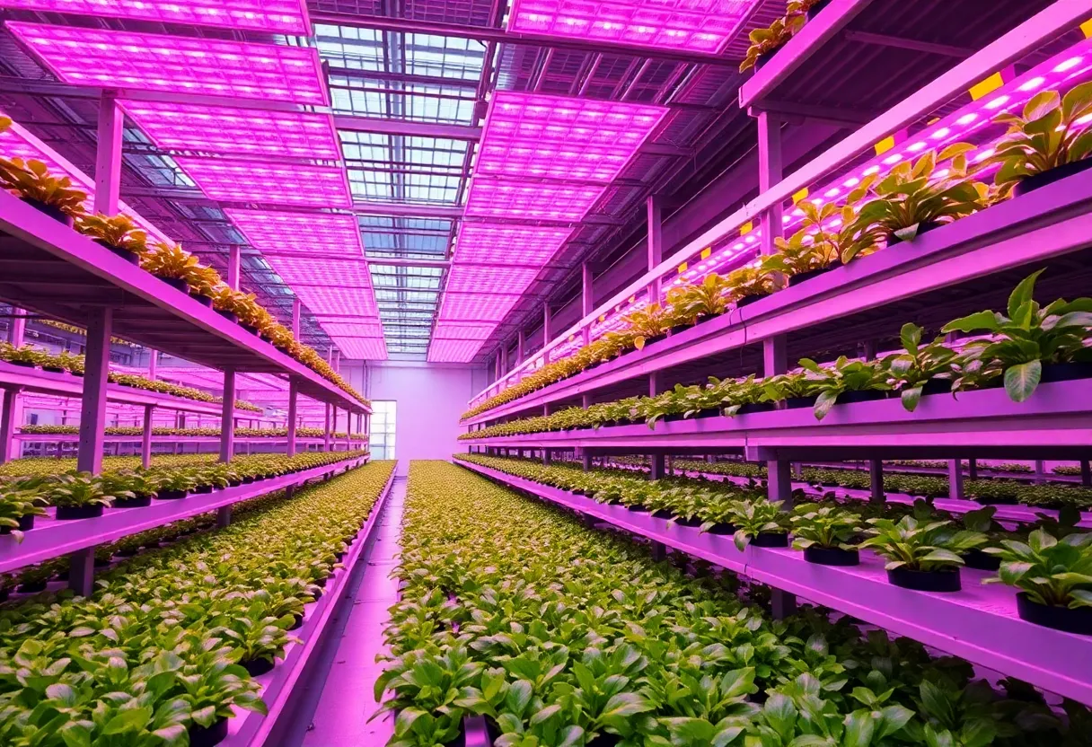 Interior of a large-scale vertical farming warehouse with stacked hydroponic racks under grow lights