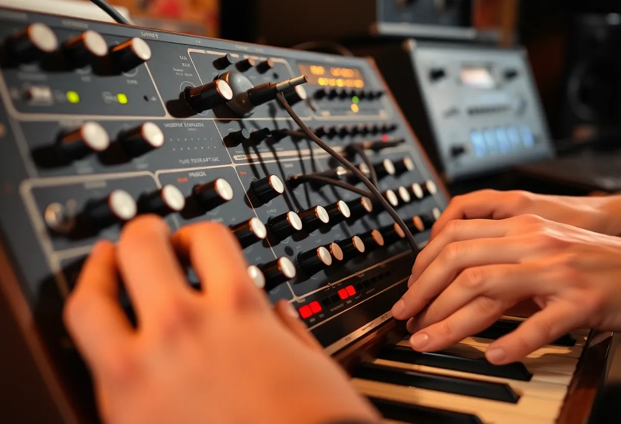 Close-up of hands adjusting knobs and patch cables on an analog modular synthesizer