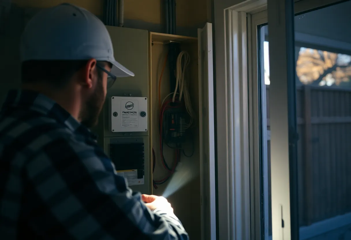 Electrician inspecting a home electrical panel with a transfer switch during a power outage