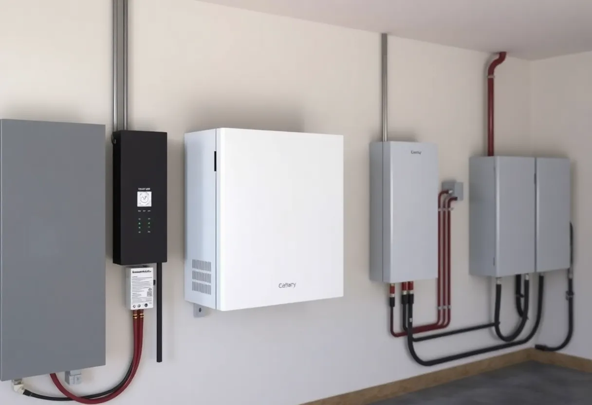 A modern home battery storage system mounted on a garage wall next to an electrical panel