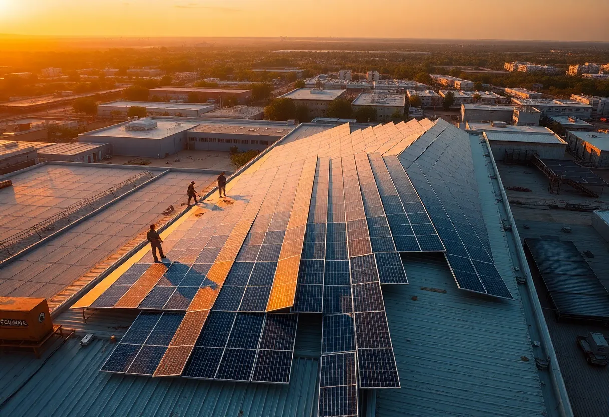 Aerial view of workers installing solar panels on an industrial rooftop at golden hour