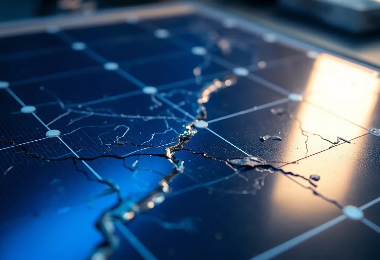 Macro photograph of a degraded solar cell surface showing moisture damage under laboratory lighting