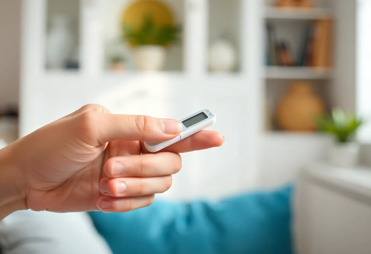 A close-up of a person's hand using a small at-home blood testing kit with a finger-prick lancet