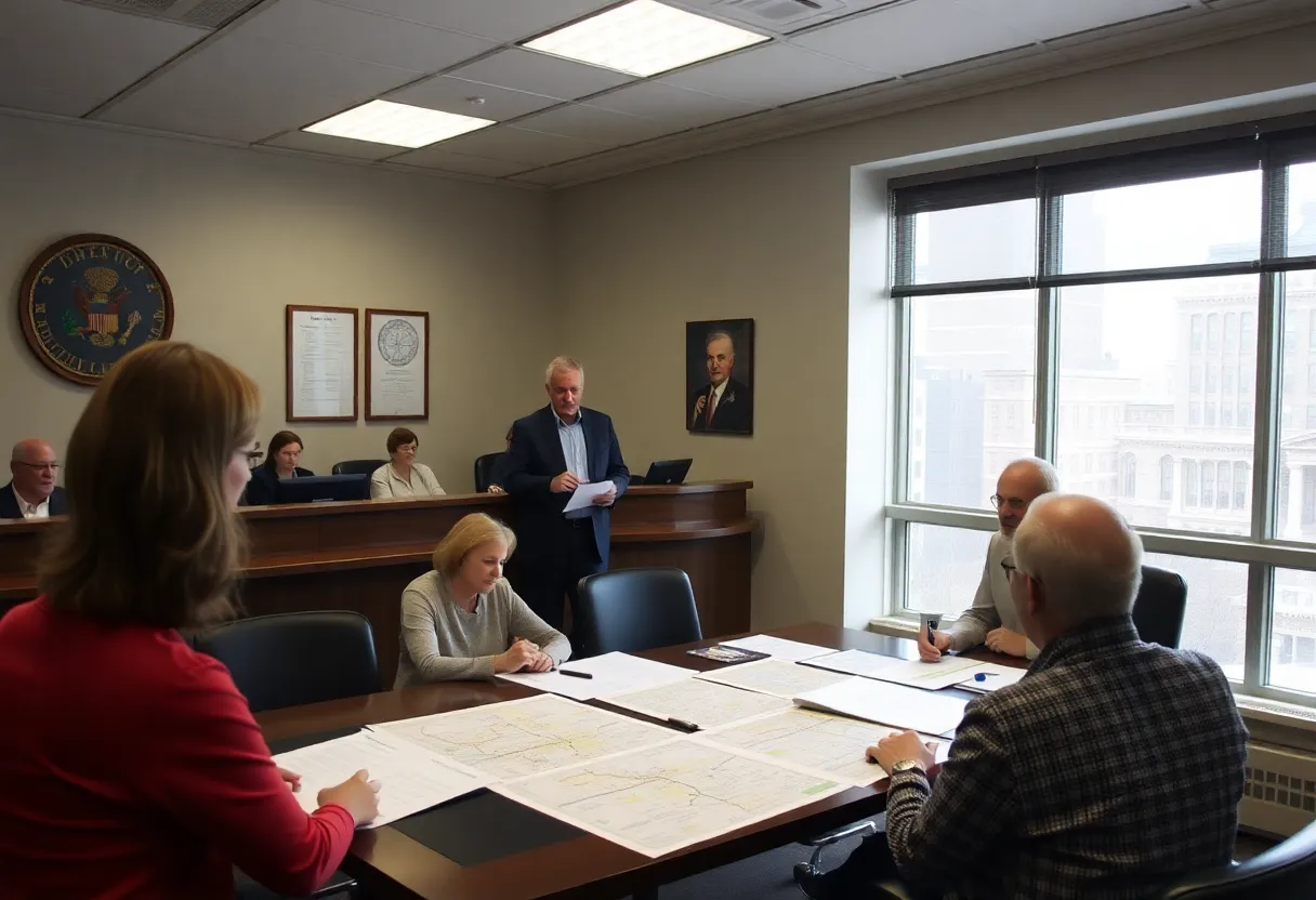 City council meeting room with people reviewing permit documents and maps on a table