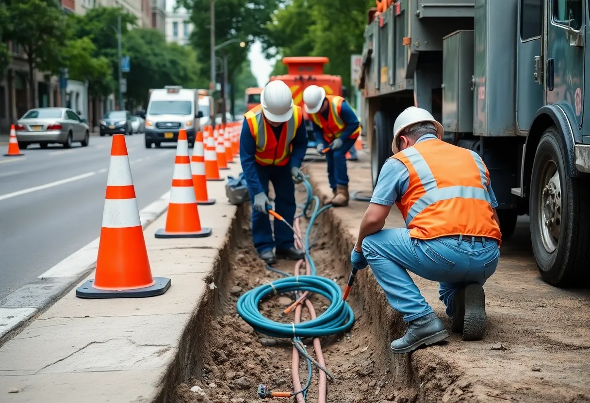 Utility workers installing fiber optic internet cable in a city street trench