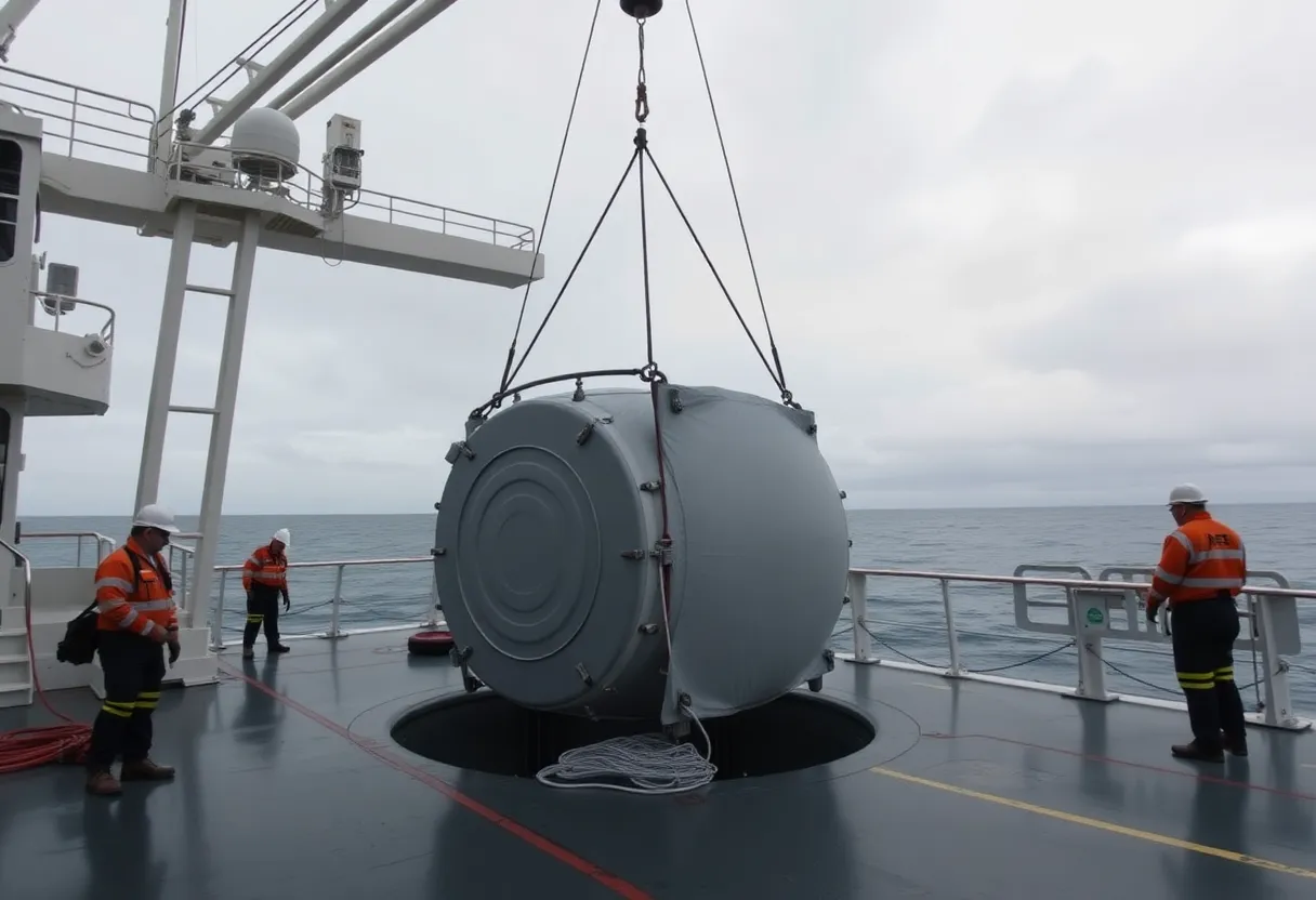 Engineers on a ship deck lowering a large sealed server pod into the ocean using a crane