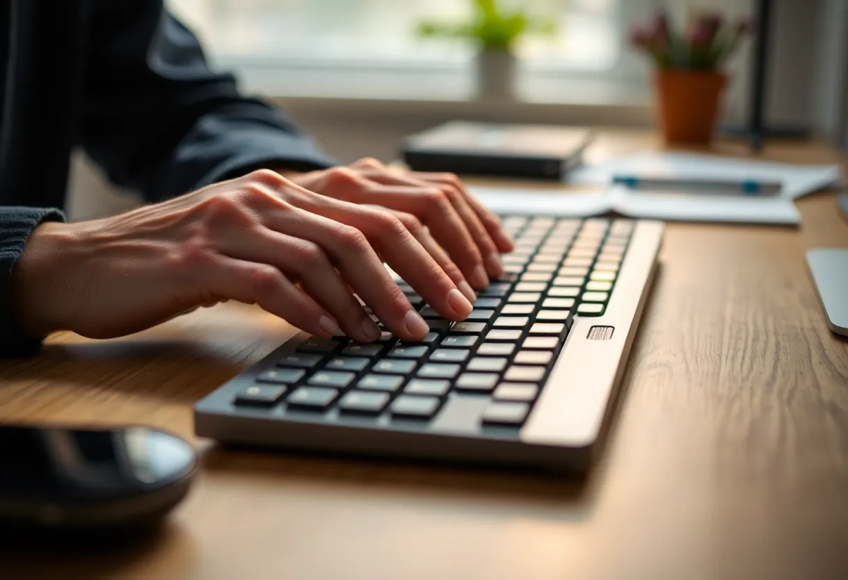 Close-up of hands typing on a compact ortholinear mechanical keyboard