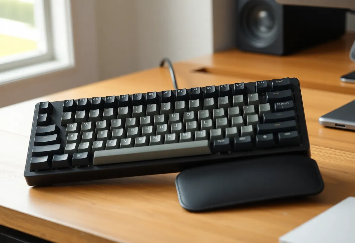 A split ergonomic mechanical keyboard with columnar stagger on a wooden desk