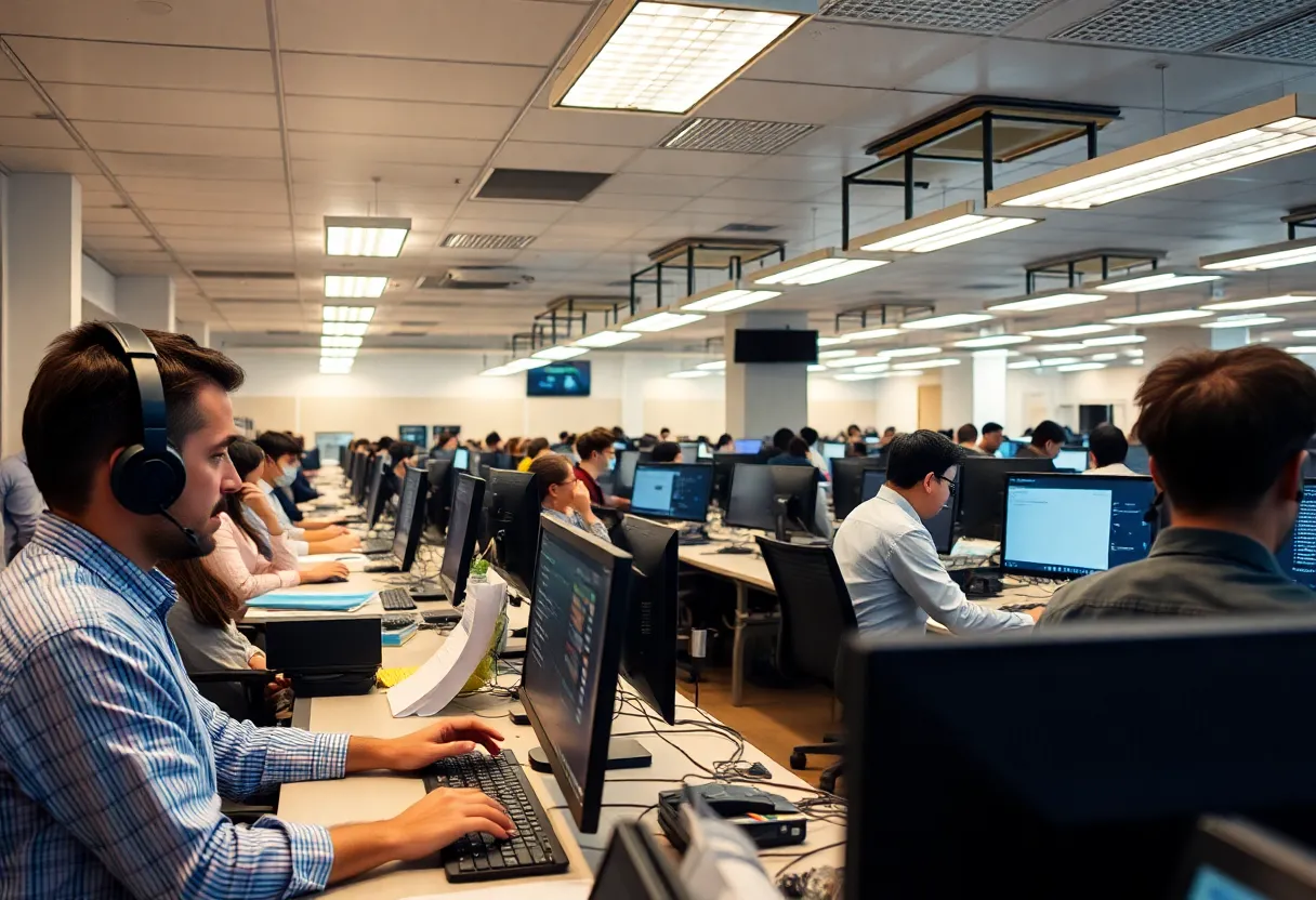 Wide shot of a busy outsourced data annotation office with rows of workstations under fluorescent lighting