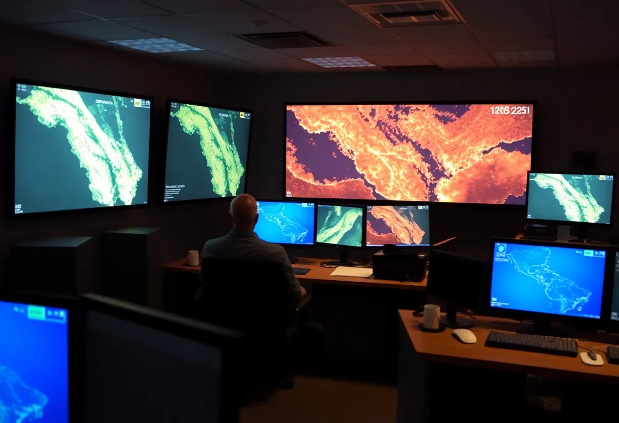 Wildfire emergency operations center with analysts monitoring satellite fire detection screens at night