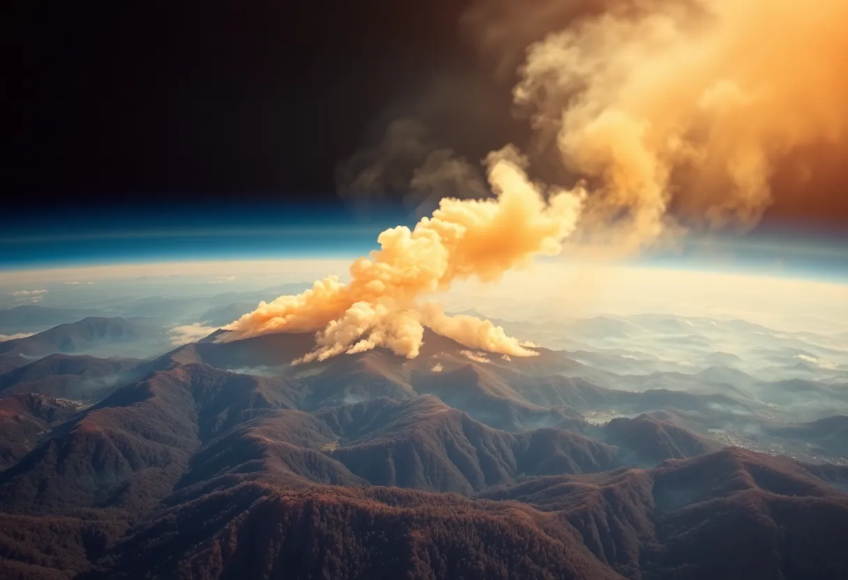 Satellite view of wildfire smoke plumes over forested mountains with thermal overlay