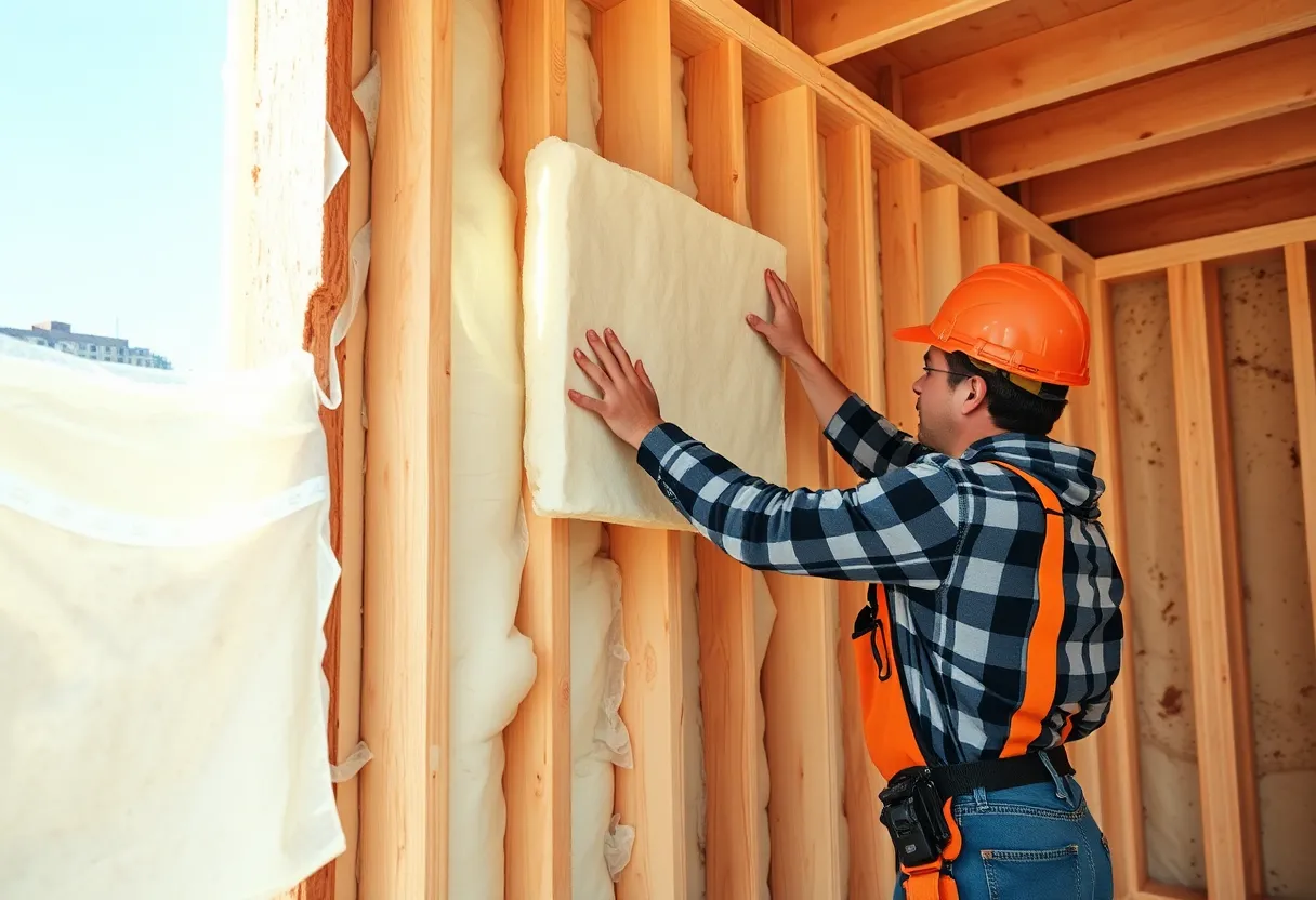 A construction worker installing thick continuous insulation panels on a house wall frame