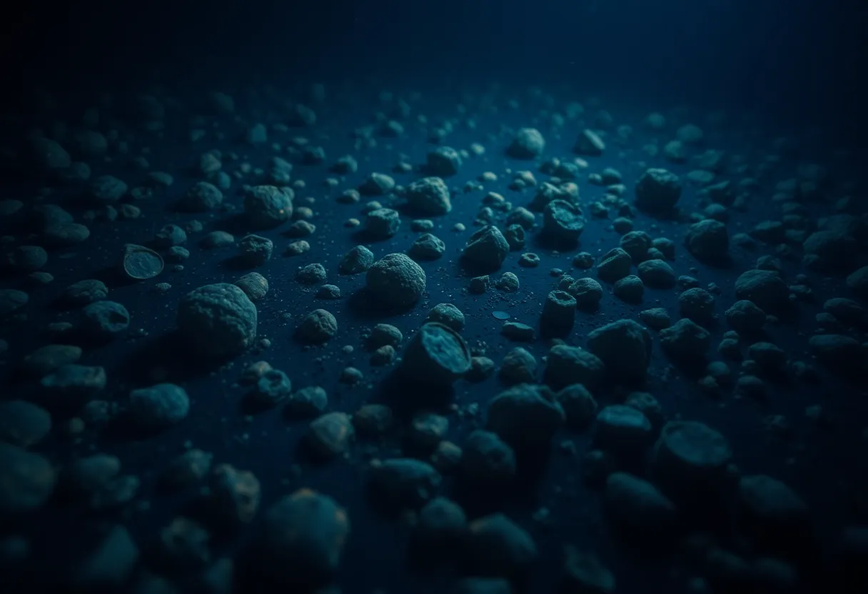 Close-up of polymetallic manganese nodules on the deep ocean floor, illuminated by ROV lights