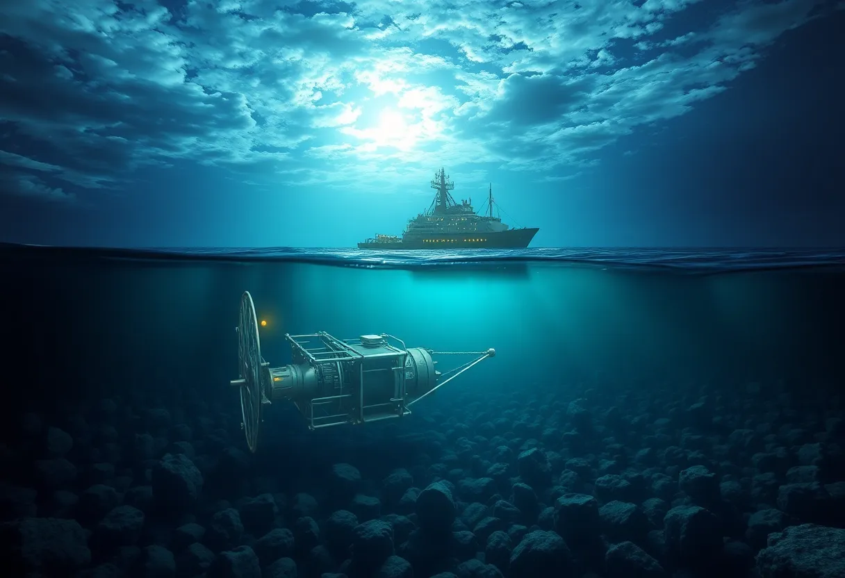 A deep sea mining vessel on the ocean surface with underwater collection equipment
