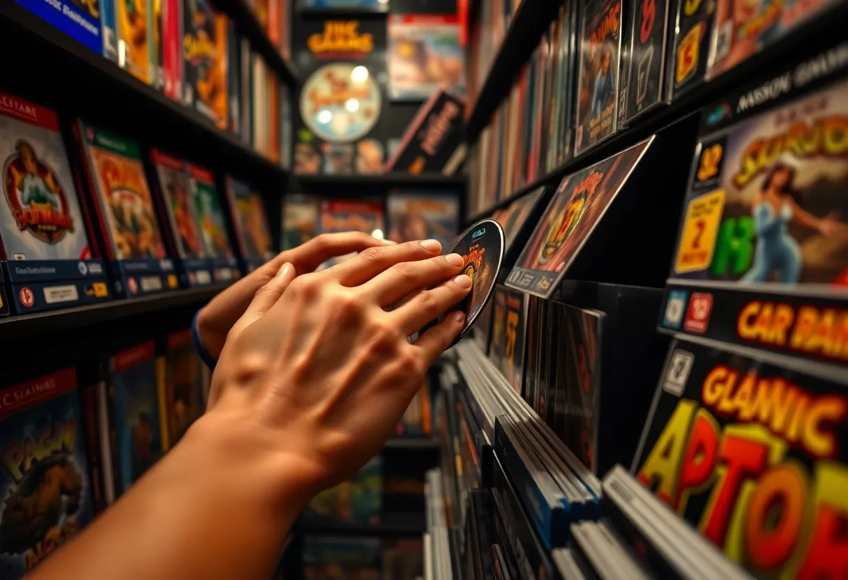 Hands browsing used physical video game discs in a retro game store