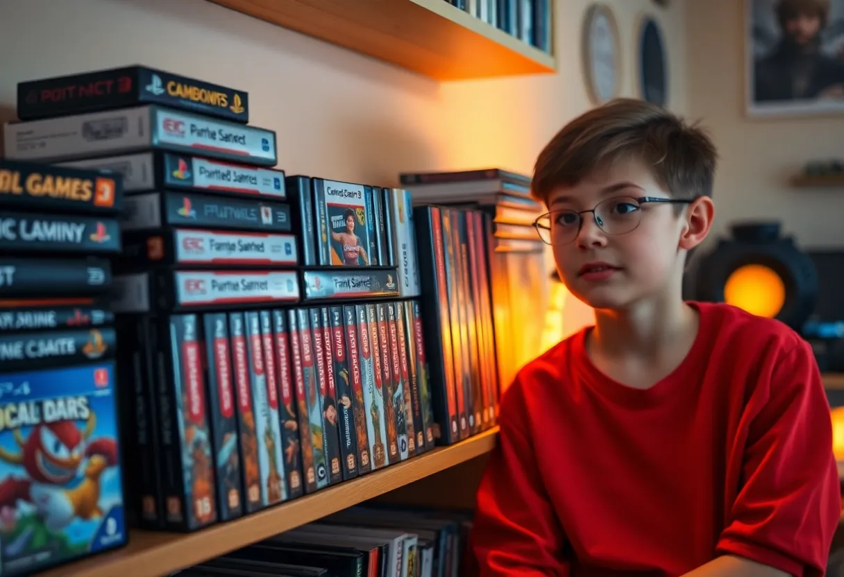 A young gamer's shelf lined with physical console game cases and collector's editions