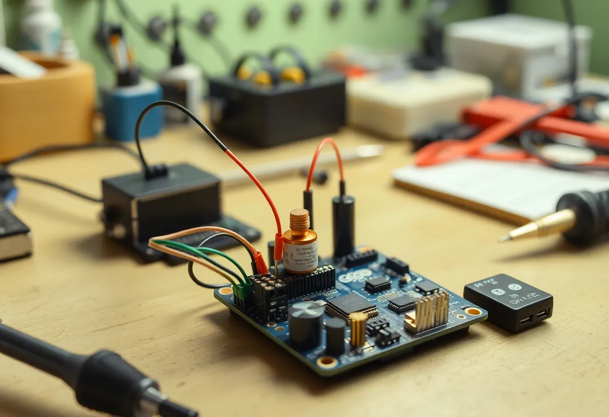 Open-source spectrometer module wired to a microcontroller board on a cluttered maker workbench
