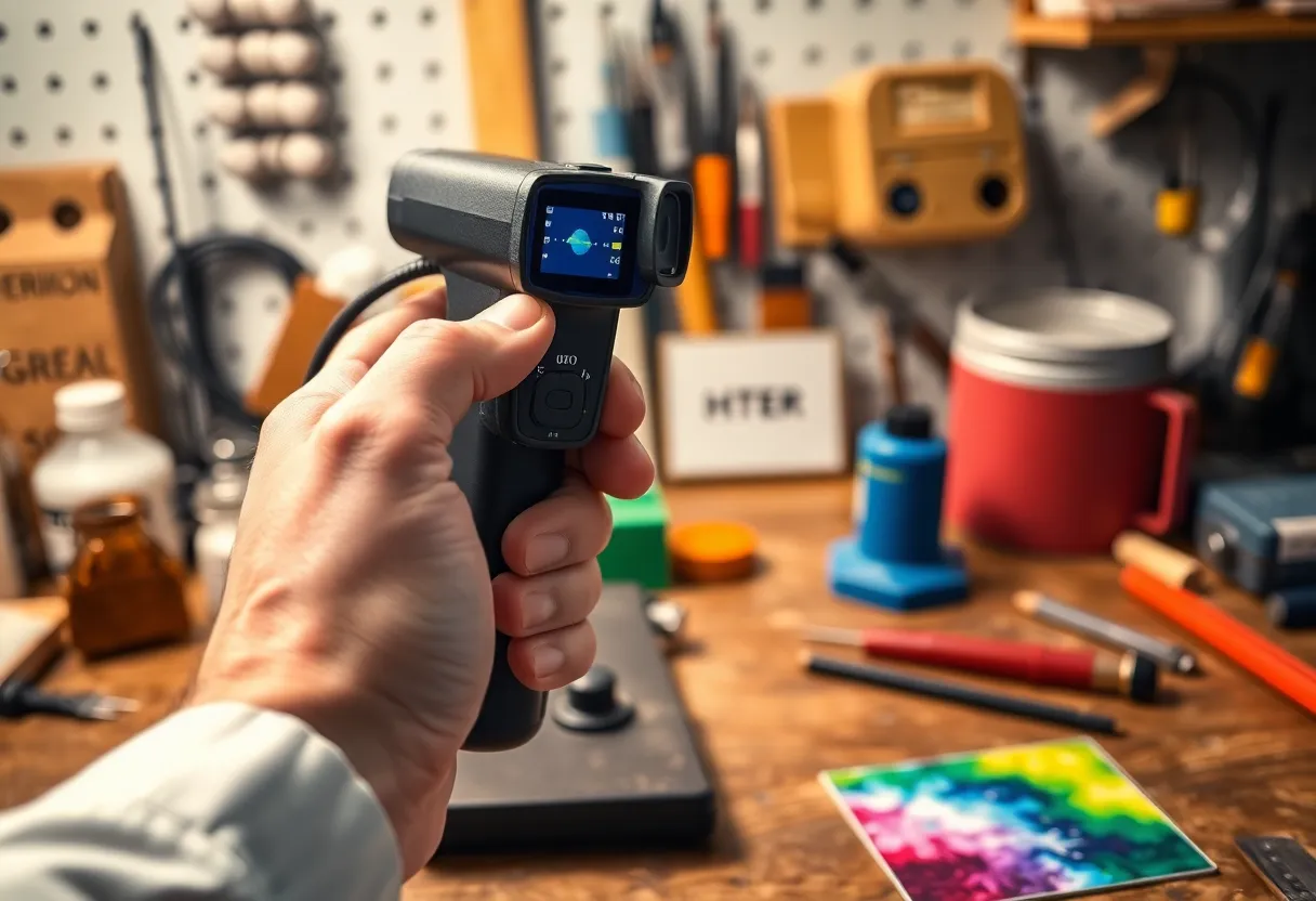 A hand holding a small handheld spectrometer pointed at a material sample on a workbench