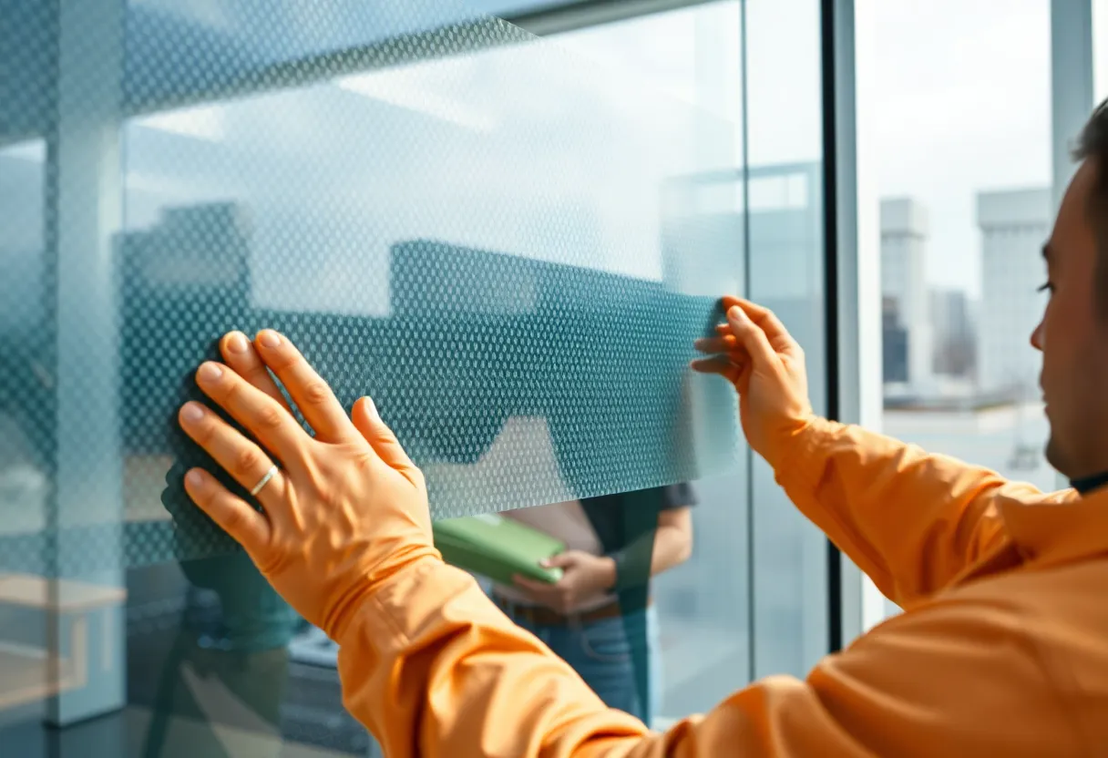 A technician applying a patterned film to a large glass window on a building exterior