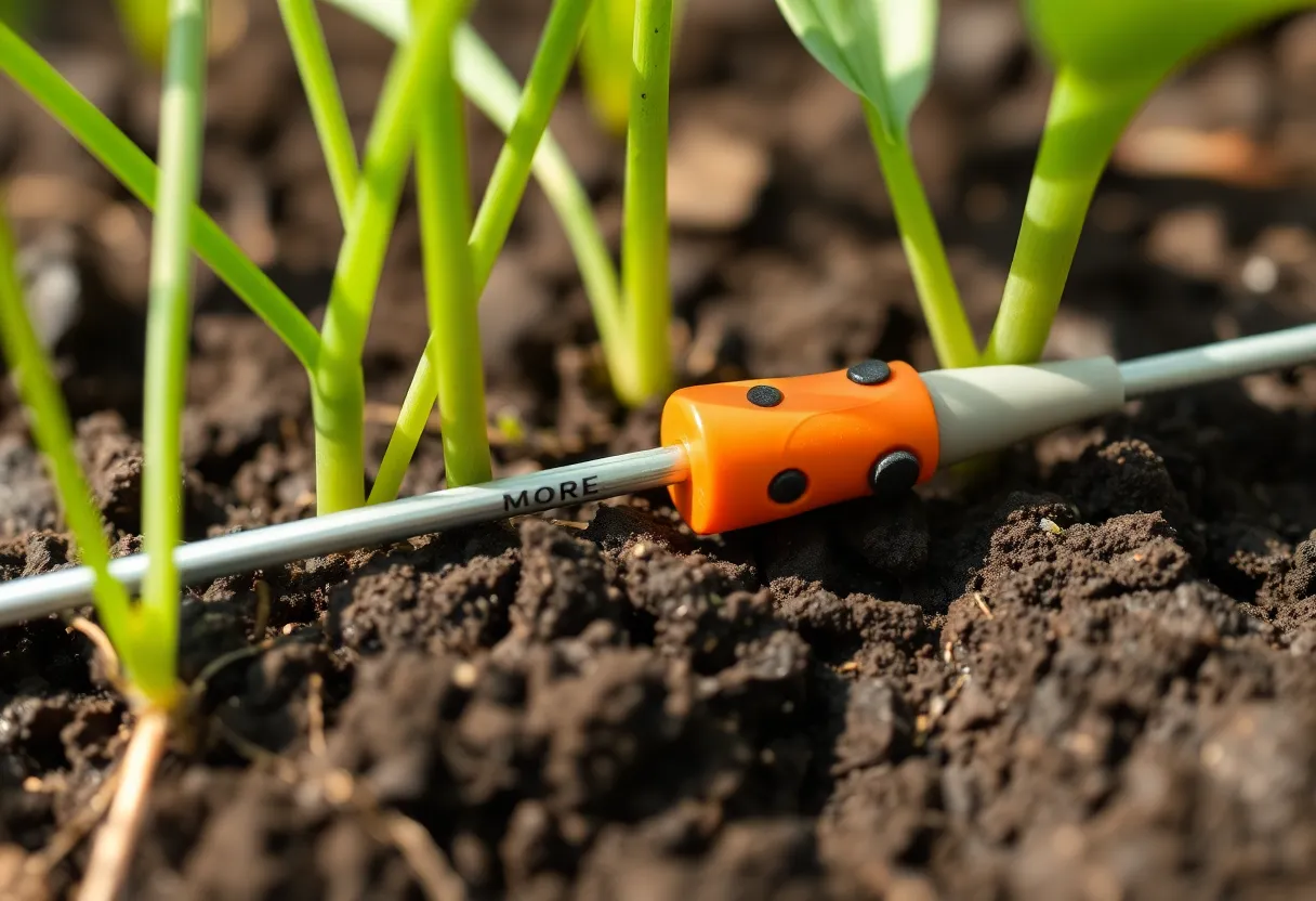 Close-up of a soil moisture sensor probe inserted into garden soil near plant roots