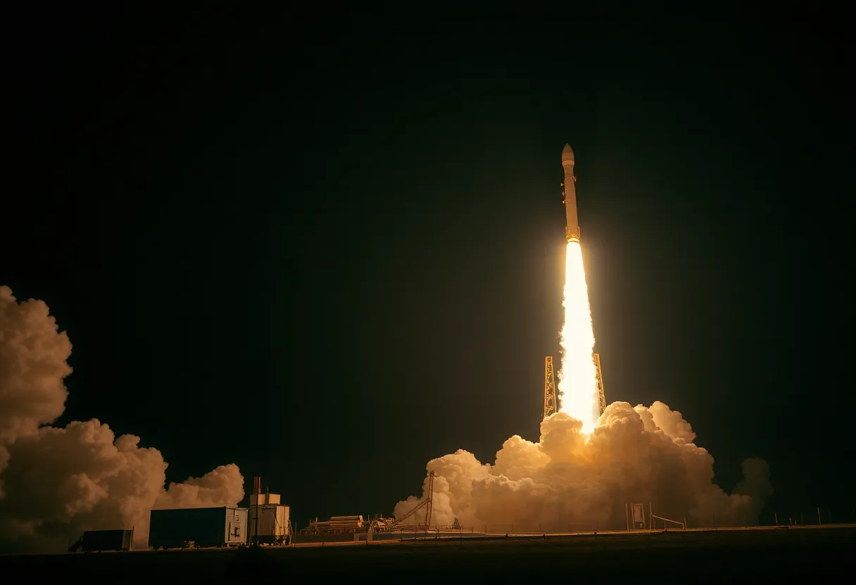 Rocket launching at night with bright exhaust flame against a dark sky
