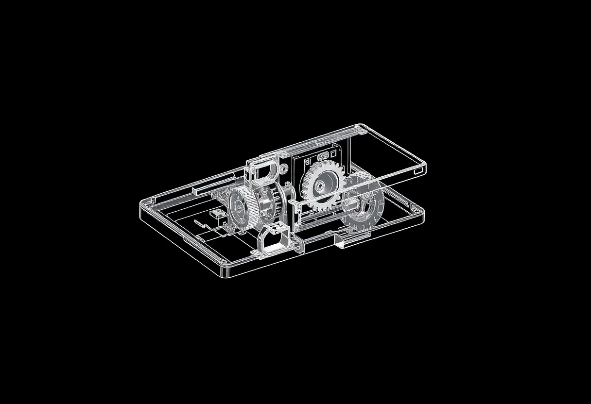 Exploded technical diagram of a foldable phone hinge mechanism with gears and plates