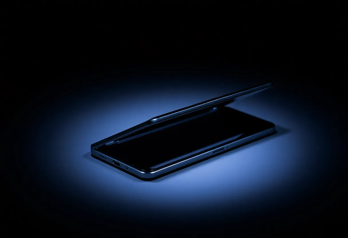 A modern foldable smartphone half-open showing the hinge mechanism