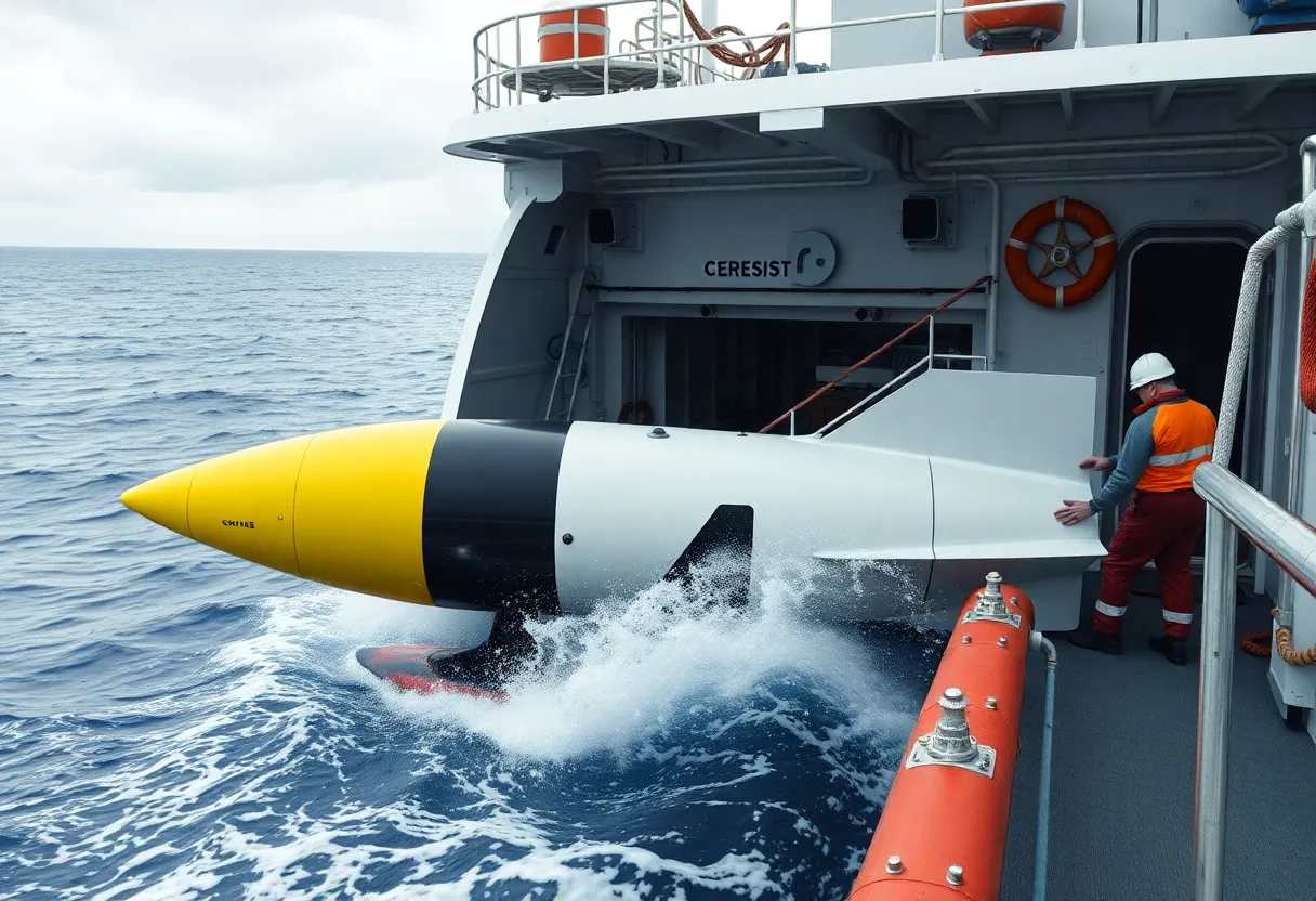 Research vessel crew deploying a torpedo-shaped autonomous underwater vehicle from the deck into the ocean