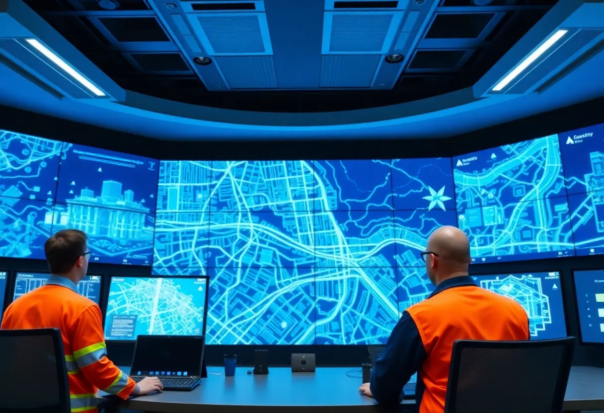 Control room with engineers monitoring a digital map of a city water pipe network