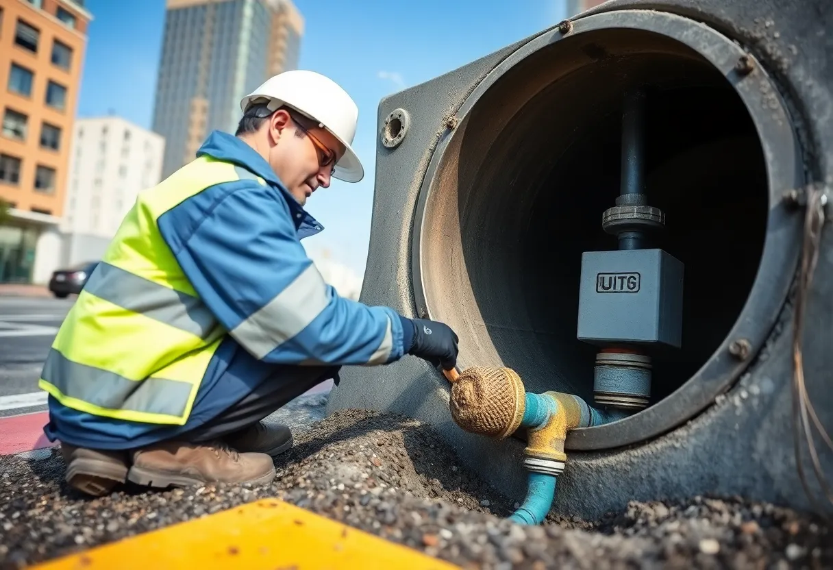 Municipal water utility worker inspecting an underground pipe sensor installation