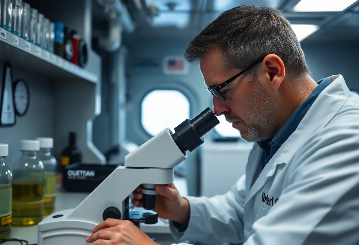 A marine biologist examining a water sample under a microscope for invasive species research