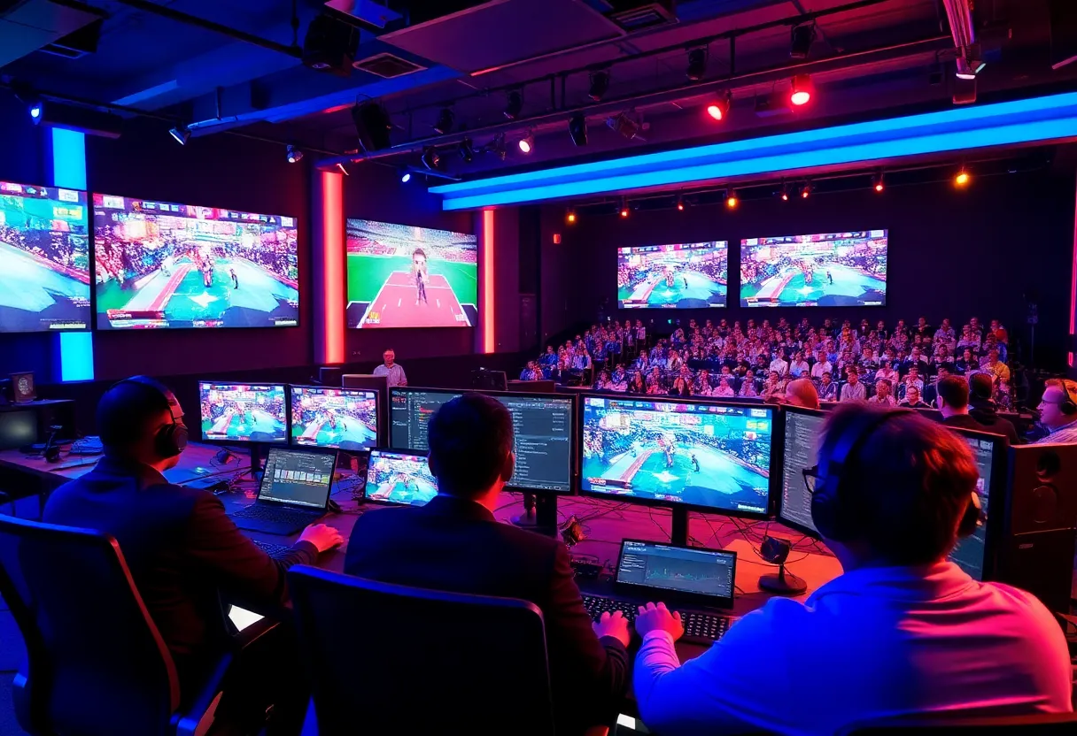 An esports broadcast control room with multiple monitors showing live game feeds
