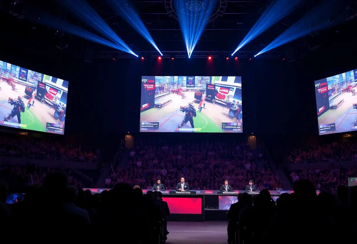 An esports arena stage with large screens showing a competitive video game match and casters at a desk