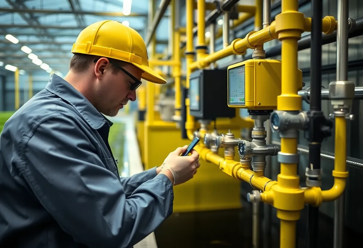 Technician checking water quality sensors at a recirculating aquaculture system facility