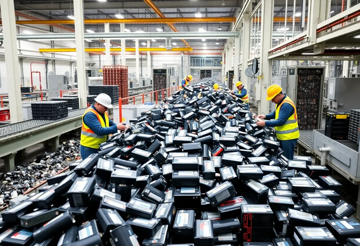 Workers at an industrial battery recycling facility sorting piles of used lithium-ion battery packs